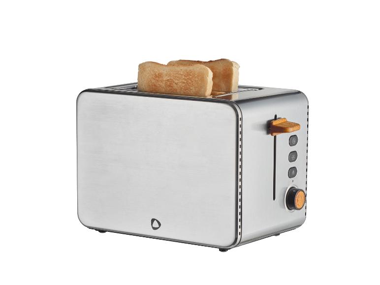 Grille-pain argenté avec deux tranches de pain, accents en bois et boutons.