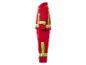 Une tenue de pompier rouge avec des bandes réfléchissantes jaunes.