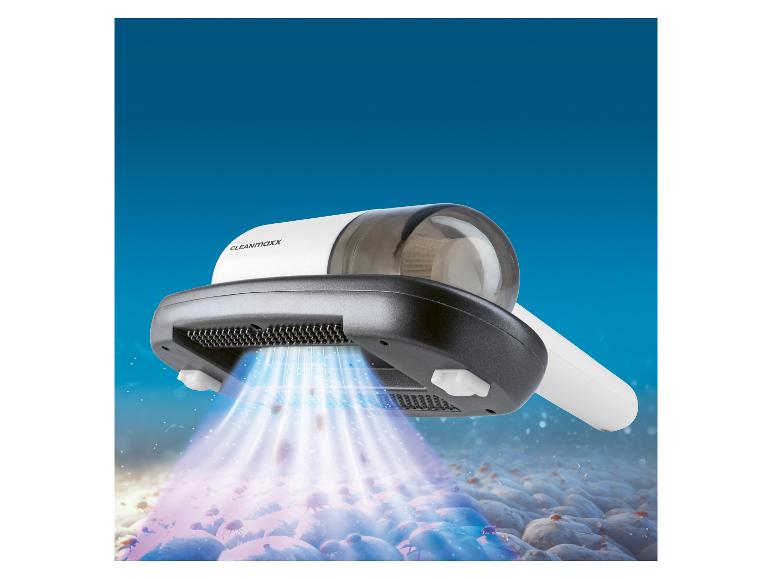 Aspirateur à main avec lumière UV nettoyant les acariens d'une surface.