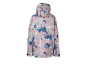 Veste de ski enfant à capuche, motif rose, bleu et blanc, vue arrière.