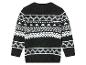 Un pull noir avec un motif géométrique blanc.