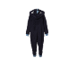 Pyjama grenouillère bleu foncé pour enfant avec capuche et détails dinosaure.