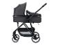 Poussette bébé gris foncé avec capote et panier en filet.