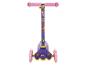 Trottinette pour enfants violette et rose avec des personnages de dessins animés et des roues lumineuses.