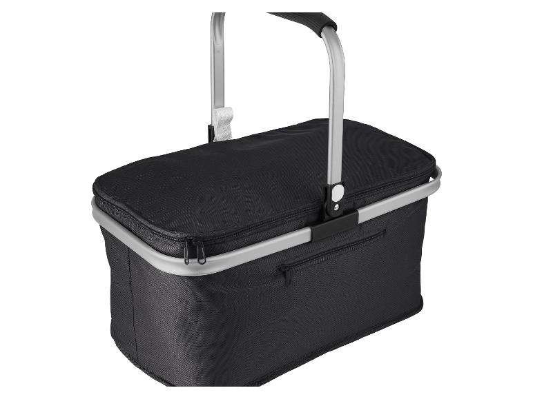 Panier de pique-nique noir avec poignée en aluminium et couvercle zippé.