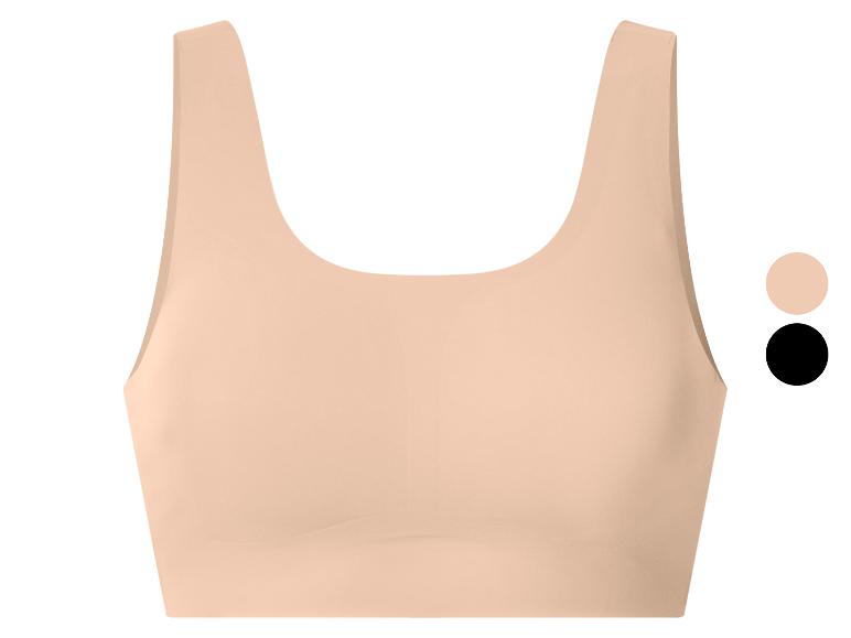 Soutien-gorge de sport sans couture couleur chair à larges bretelles, présenté avec des options de couleur noire et chair.