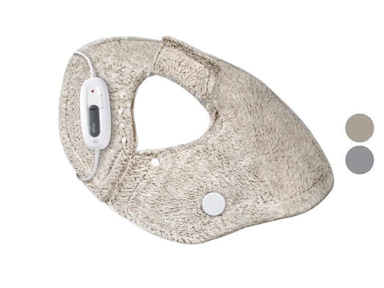 Un coussin chauffant électrique beige avec un contrôleur blanc et deux échantillons de couleur.