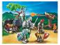 Deux chevaliers Playmobil avec des armes et un coffre au trésor.