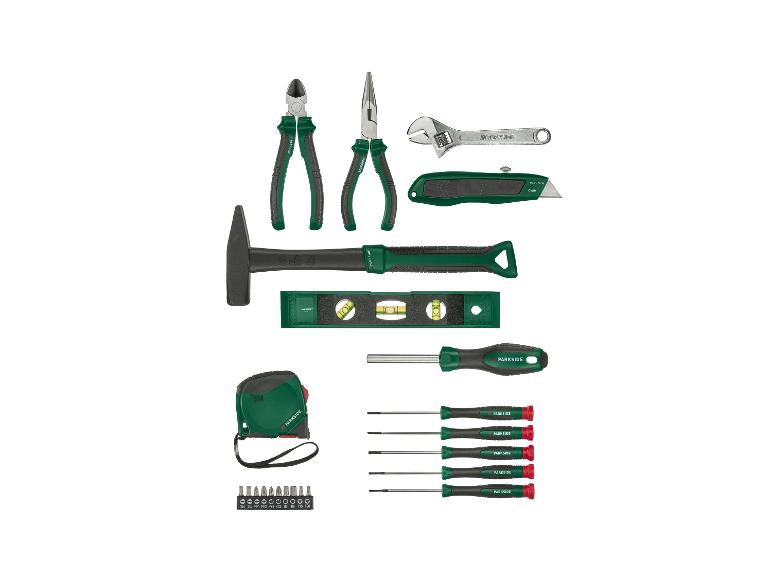 Ensemble d'outils PARKSIDE avec marteau, niveau à bulle, tournevis et autres accessoires.