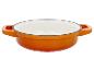 Cocotte en fonte orange avec couvercle.