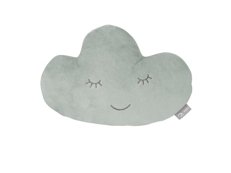Oreiller doux en forme de nuage, vert menthe, avec un visage brodé.