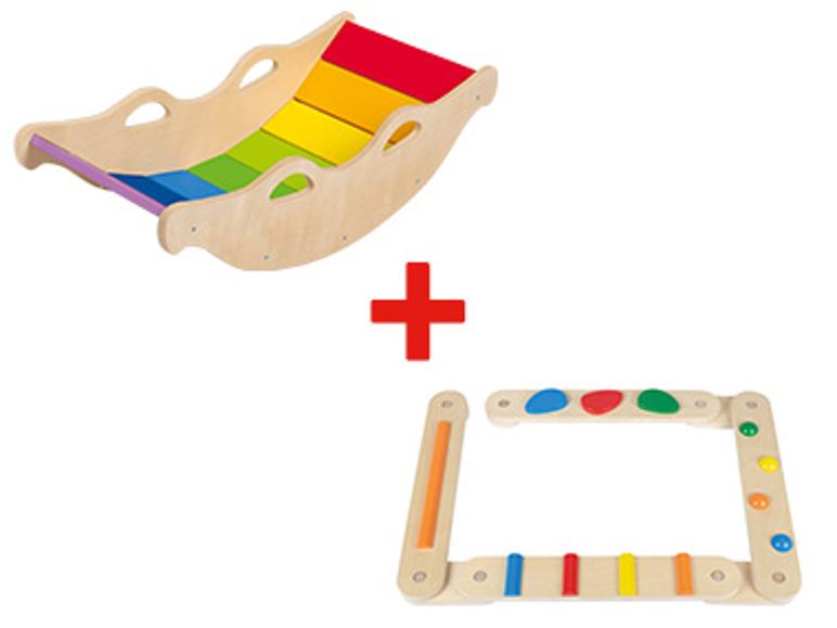 Balançoire et jeu d'encastrement en bois arc-en-ciel pour enfants.