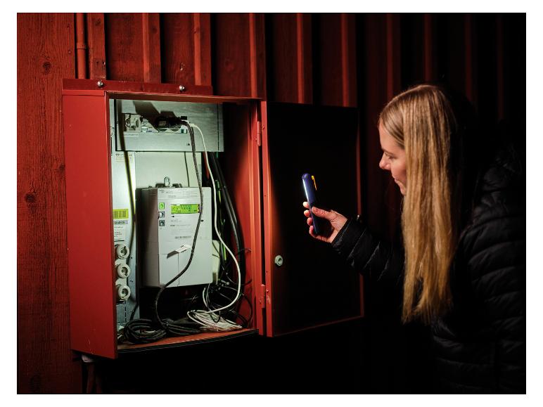 Femme éclaire un compteur électrique dans une armoire rouge avec une lampe de travail LIVARNO®.