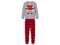 Pyjama de Noël avec un haut gris à imprimé Père Noël et un pantalon rouge à carreaux.