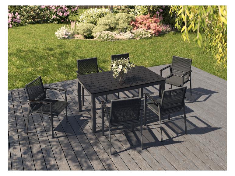 Ensemble repas d'extérieur : table et six chaises en aluminium et textilène gris anthracite.