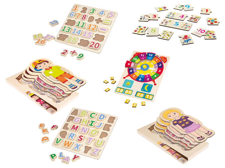 Jouets en bois pour enfants : puzzles de nombres, alphabet et corps humain.