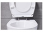 Une toilette blanche avec le couvercle ouvert et des charnières argentées.