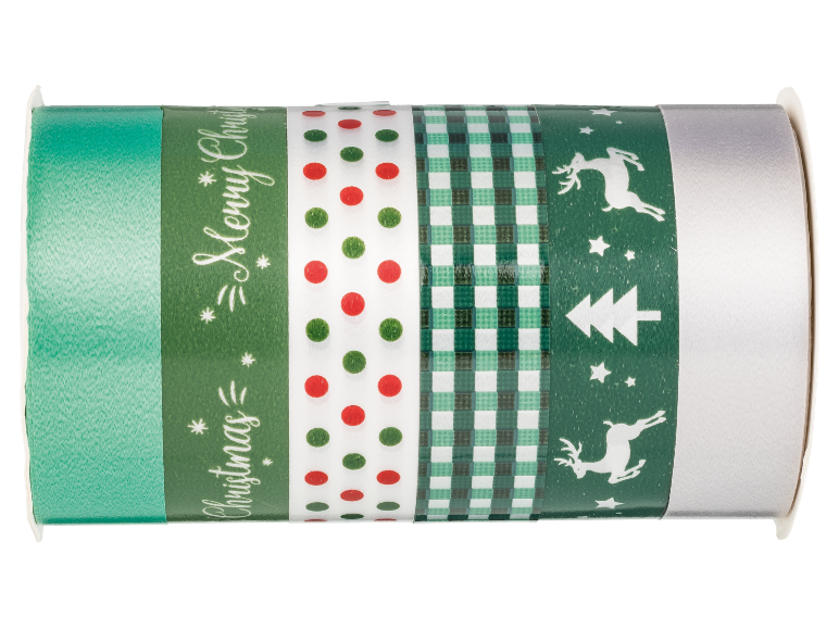 Rubans de Noël avec motifs 'Merry Christmas', à pois, à carreaux et rennes.