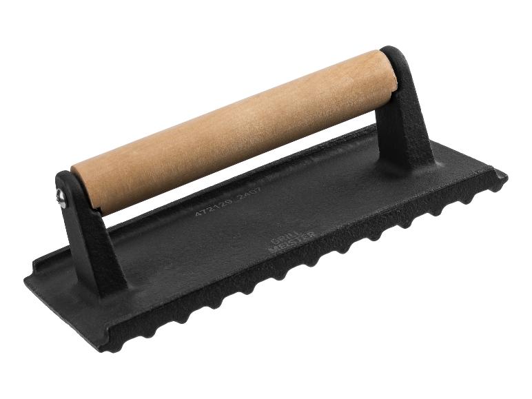 Presse à burger Grillmeister en fonte avec manche en bois.