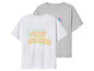 Deux t-shirts, un blanc avec l'inscription 'Fresh Summer' et un gris avec un cœur rose.