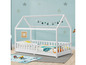 Un lit en bois blanc avec un design en forme de maison pour enfants.