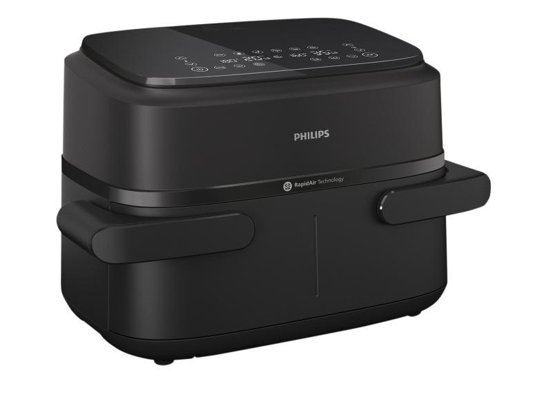 Friteuse à air Philips noire avec technologie RapidAir et écran numérique.