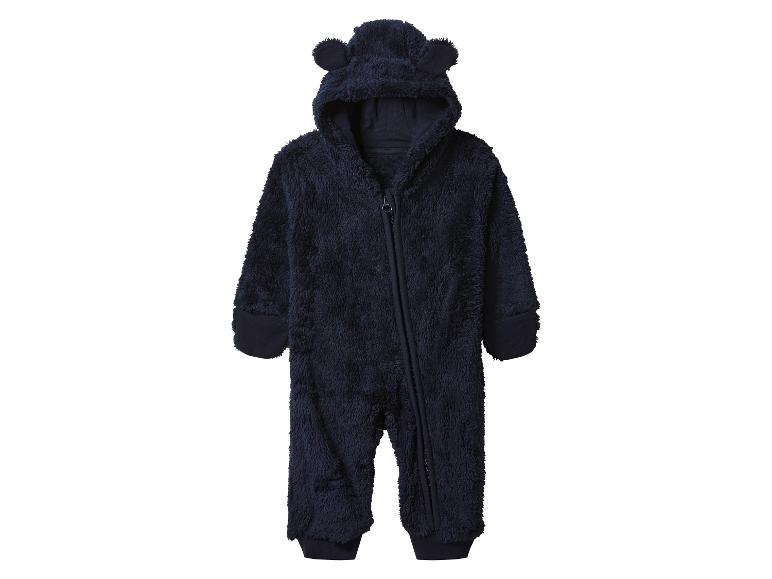 Combinaison bébé en peluche bleu marine avec capuche et oreilles d'ours.