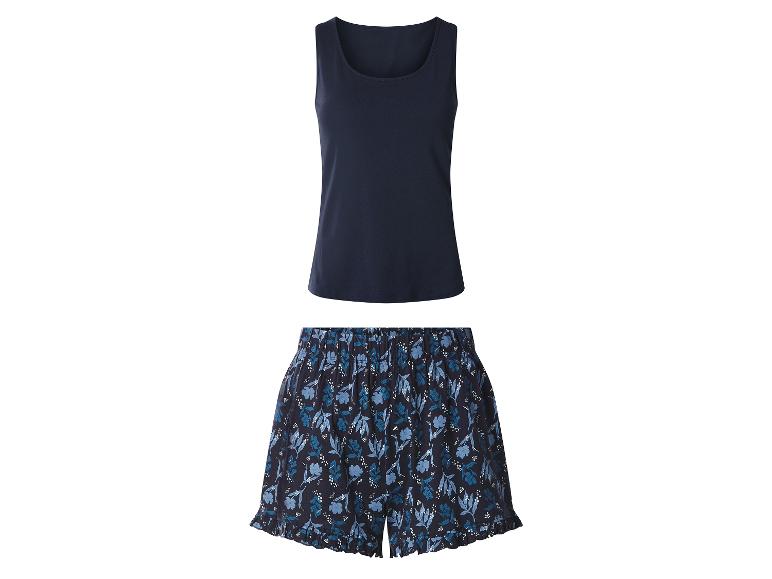 Ensemble de pyjama femme avec débardeur bleu marine et short à motifs.
