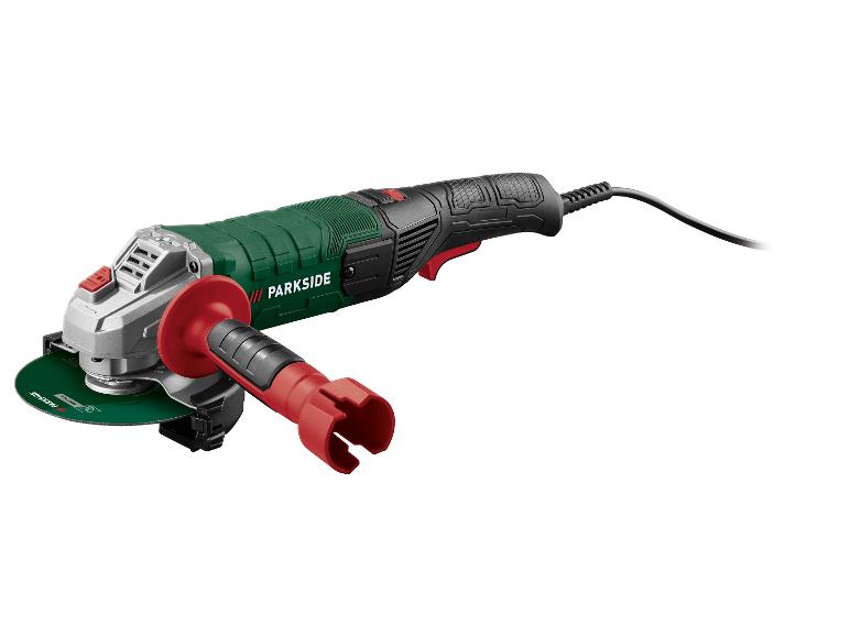 Meuleuse d'angle Parkside avec un disque de coupe vert et une poignée rouge.