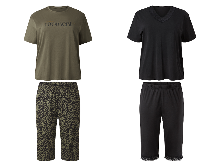 Deux pyjamas pour femmes : un avec un short à imprimé léopard, l'autre noir avec des finitions en dentelle.