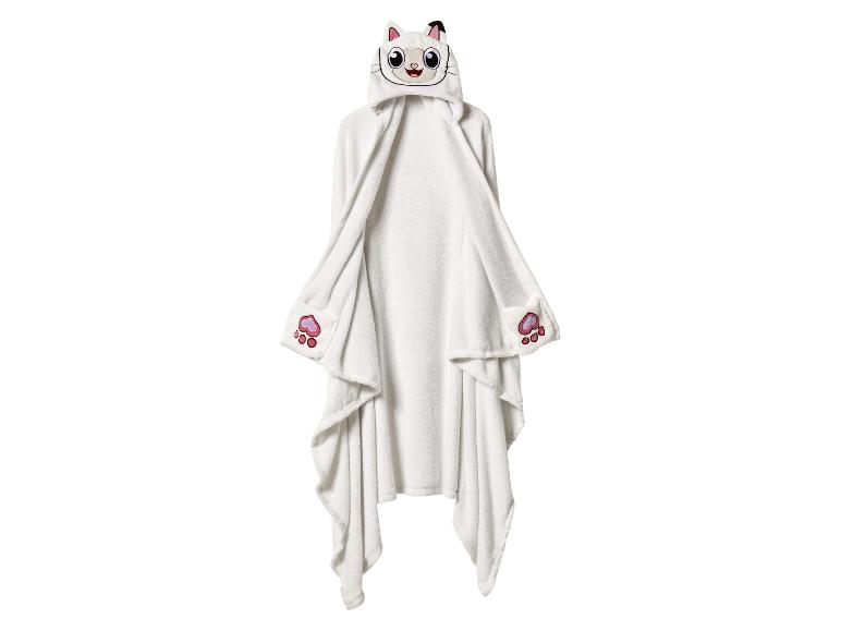 Couverture blanche avec capuche en forme de chat et pattes roses.