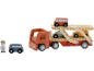 Jouet en bois: un camion transporteur de voitures avec quatre petites voitures et une figurine.