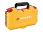 Mallette à outils Parkside jaune avec fermoirs rouges et poignée noire.