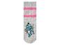 Des chaussettes grises à rayures roses avec un motif de Schtroumpfette.