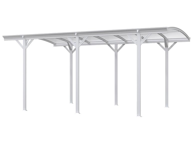 Un carport ou une couverture de terrasse blanche et incurvée avec un toit transparent.