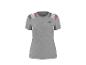T-shirt gris à manches courtes avec des rayures bleues, blanches et rouges sur les épaules.