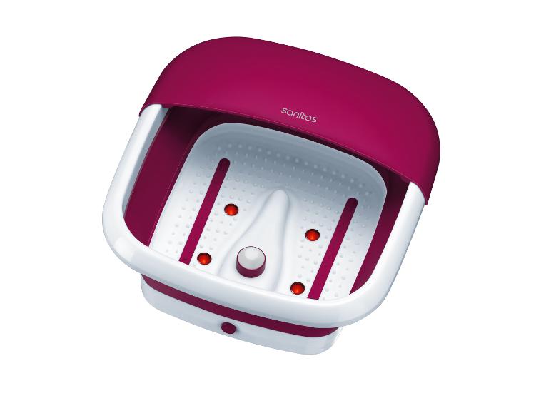 Spa pour les pieds Sanitas blanc et bordeaux avec rouleaux de massage et fonction bulles.