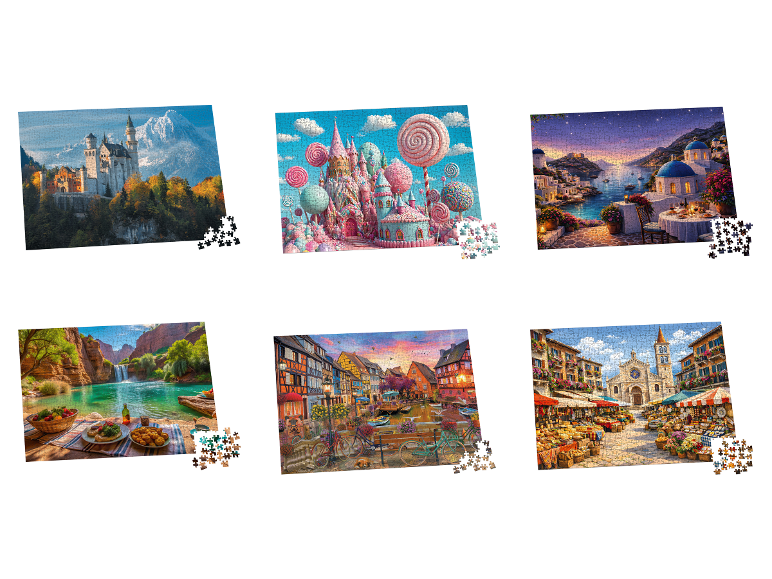 Puzzles pour enfants LUPILU® avec différents motifs tels que des châteaux, des canyons et des villes.