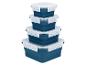 Pile de quatre boîtes alimentaires bleues pliables avec couvercles transparents
