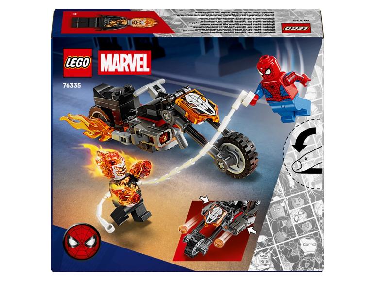 Set Lego Marvel 76335 avec Spider-Man, Ghost Rider et sa moto enflammée.