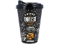 Tasse à café noire avec les textes « Coffee House » et « Hot Drinks », et des illustrations de café.