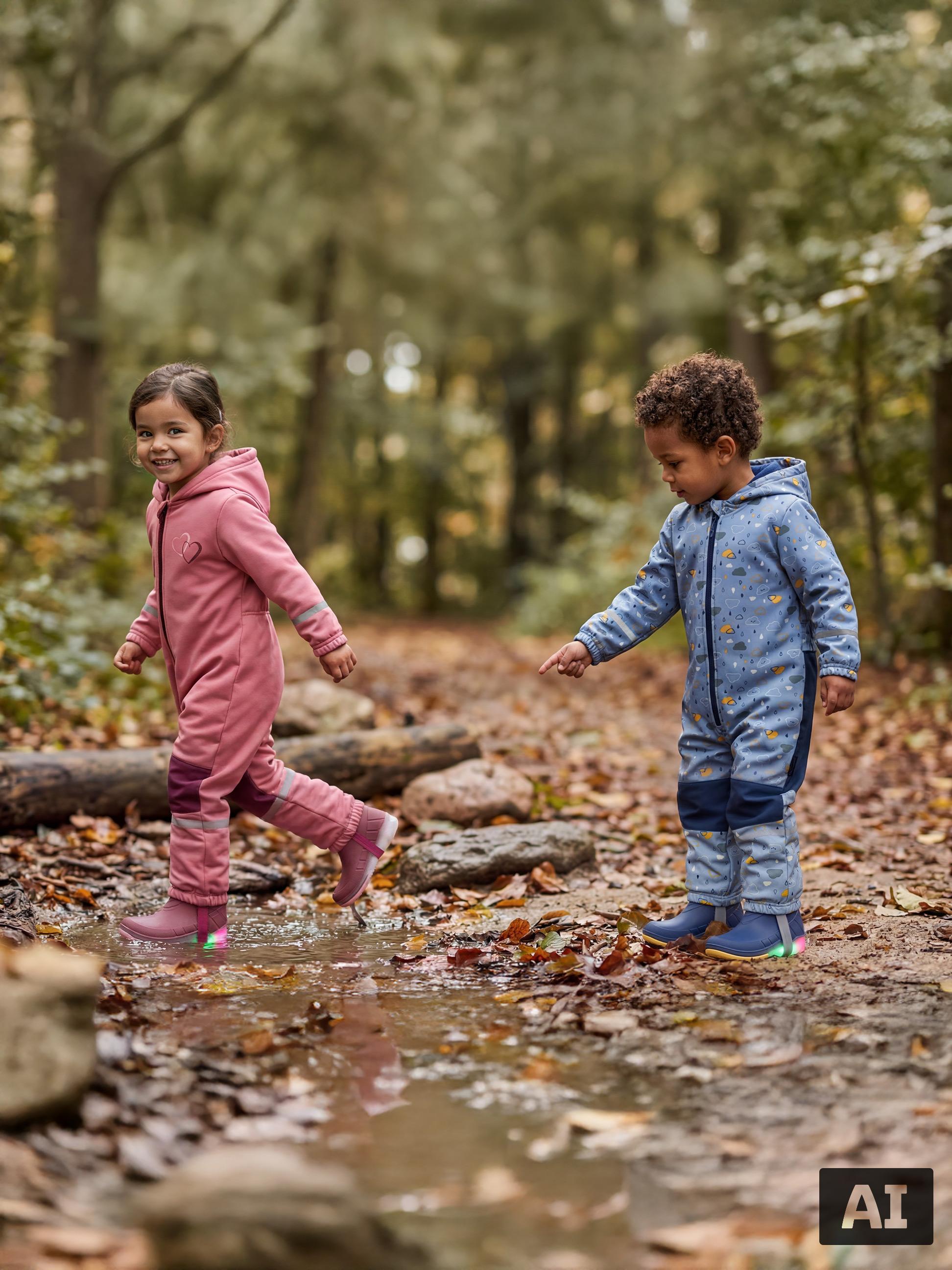 Deux enfants en combinaisons de pluie et bottes lumineuses jouent dans une flaque d'eau.