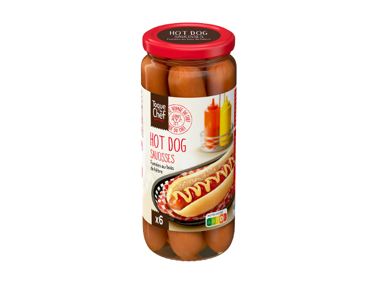 Bocal en verre de six saucisses fumées pour hot-dog, avec un hot-dog et des sauces sur l'étiquette.