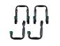 Quatre crochets de garage noirs avec embouts verts pour le rangement d'outils.
