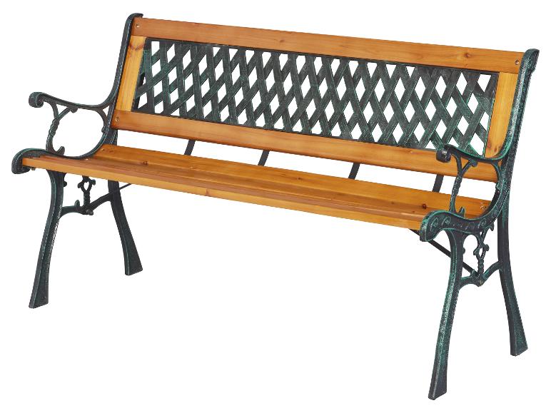 Banc de jardin en bois et métal avec un motif de treillis décoratif sur le dossier.
