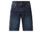 Short en jean bleu foncé avec surpiqûres oranges et détails métalliques.