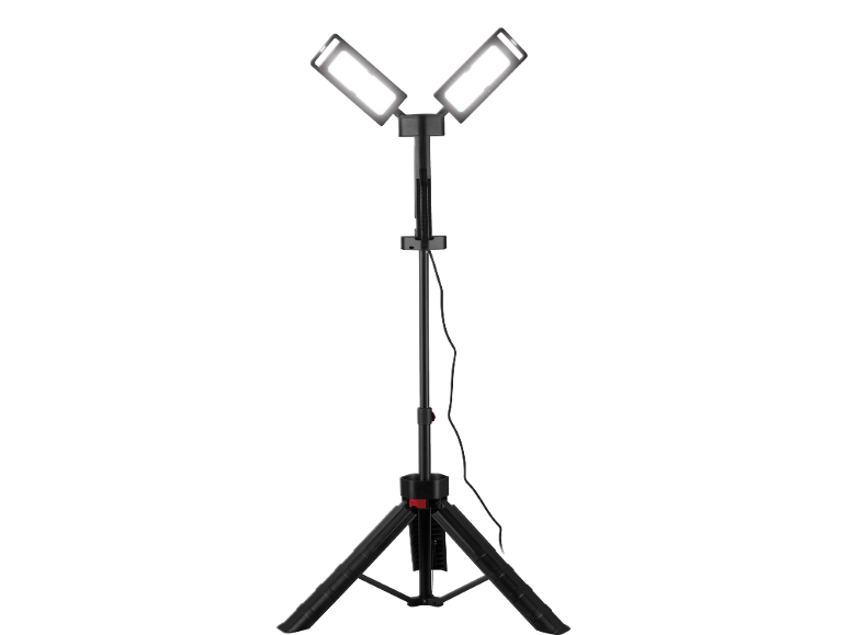 Trépied noir avec deux projecteurs LED lumineux et un câble.