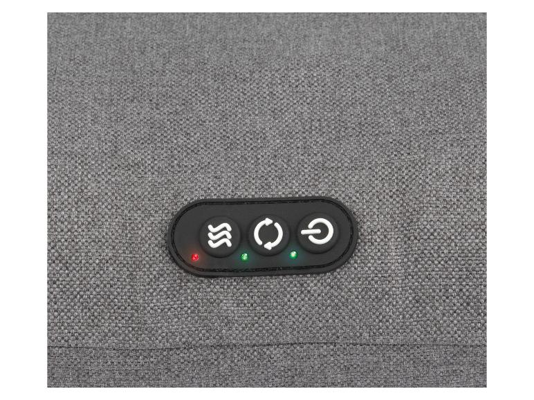 Panneau de commande noir avec trois boutons et voyants lumineux sur un tissu gris.