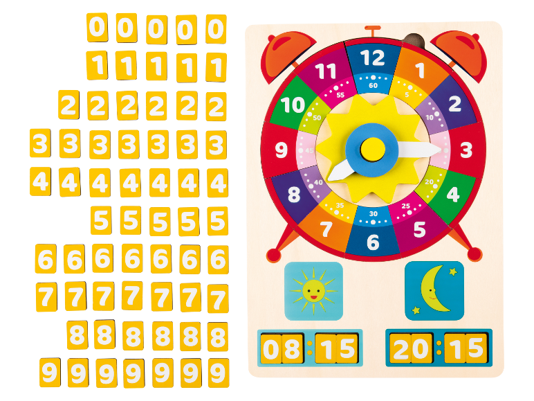 Jeu d'horloge en bois avec des tuiles numériques pour aider les enfants à apprendre l'heure et à compter.