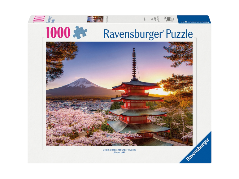 Puzzle de 1000 pièces représentant une pagode japonaise, des cerisiers en fleurs et le mont Fuji.